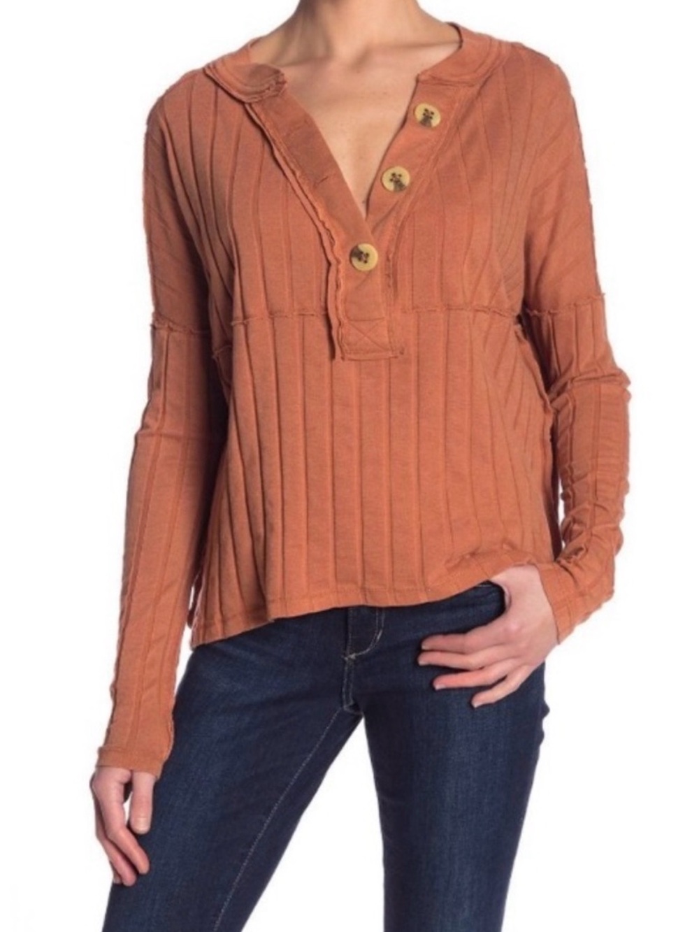 We The Free Ribbed Button V-Neck Long Sleeve Top - Rust Orange